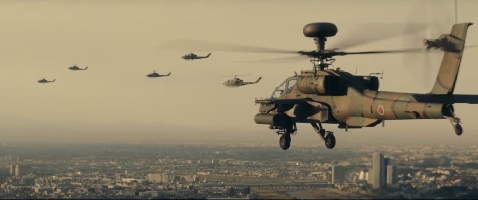 Helicopters get into position as Godzilla approaches