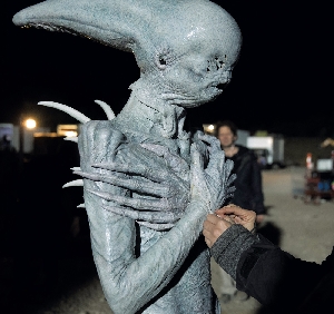 Putting the finishing touches to the Neomorph on set.
