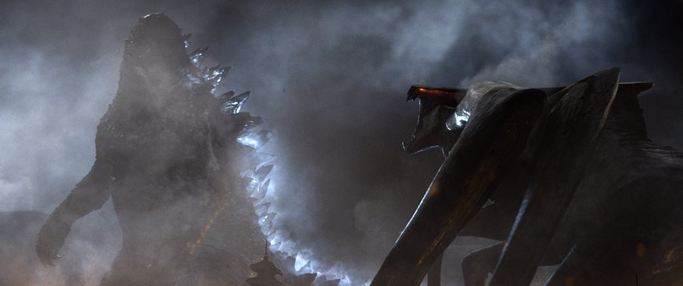 Godzilla prepares his atomic breath against the MUTO